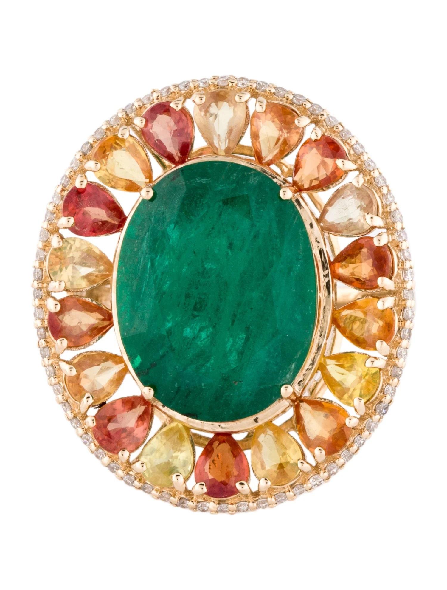 Artist 14K Yellow Gold Emerald, Orange & Yellow Sapphire, Diamond Cocktail Ring, Size 7 For Sale