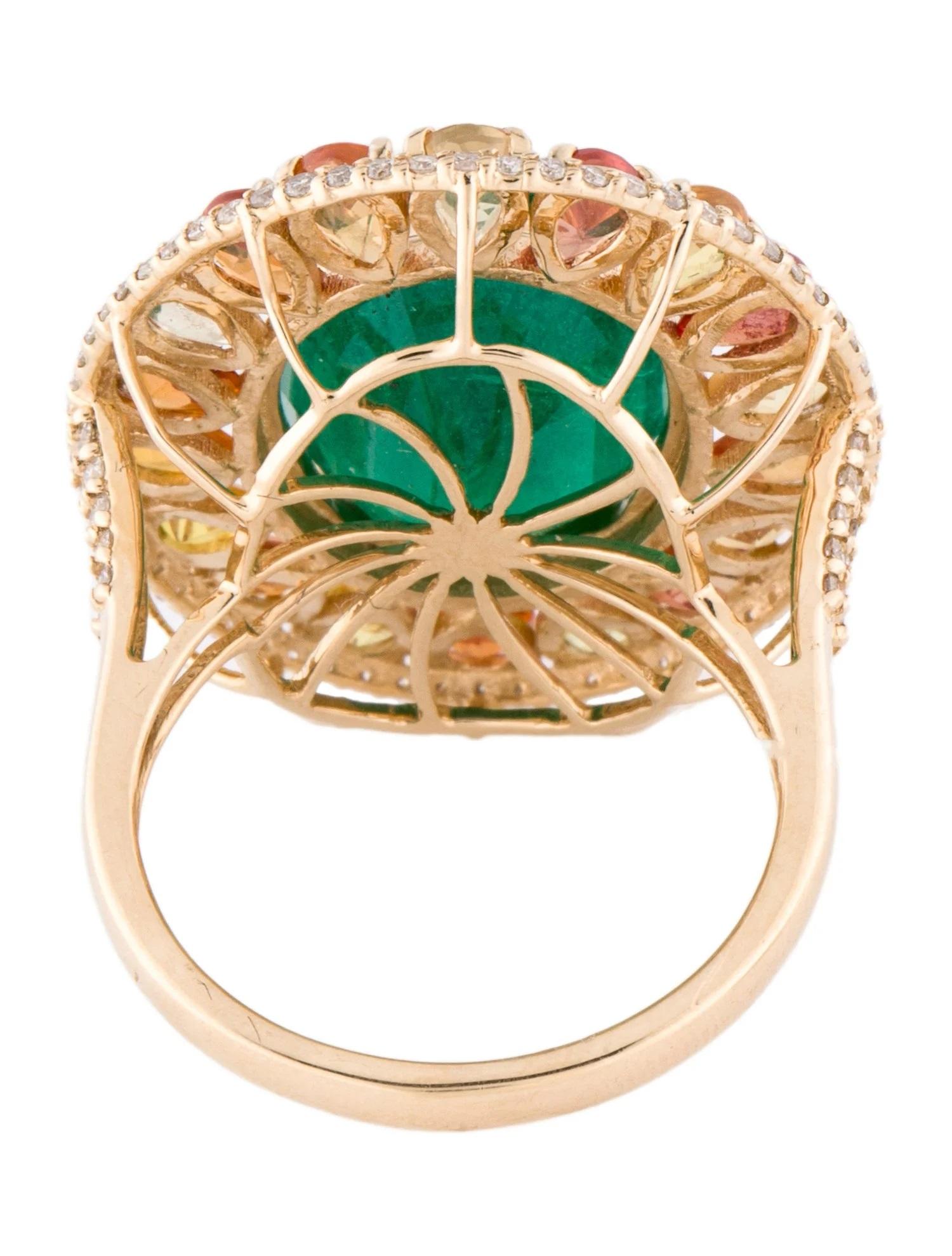 Emerald Cut 14K Yellow Gold Emerald, Orange & Yellow Sapphire, Diamond Cocktail Ring, Size 7 For Sale