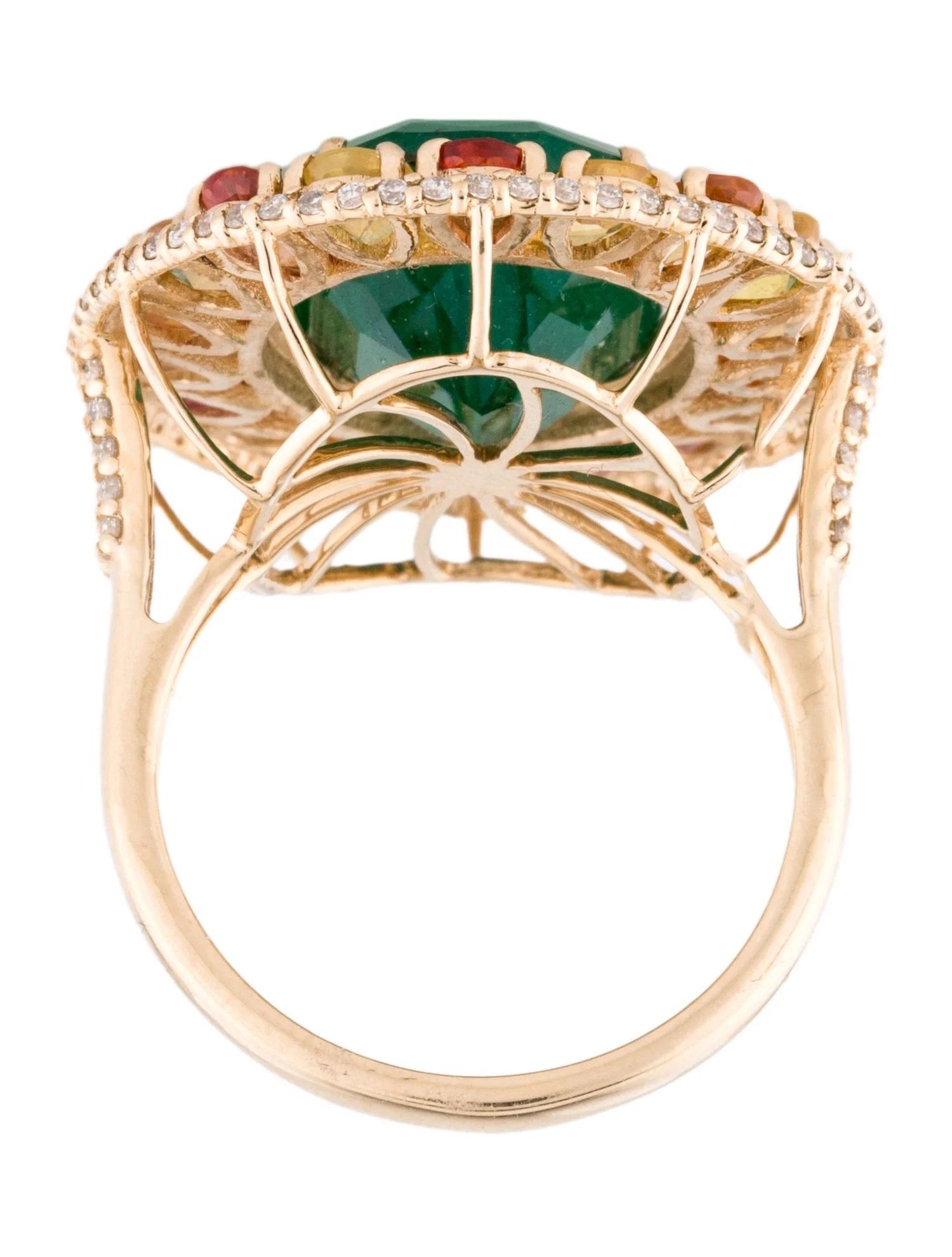 14K Yellow Gold Emerald, Orange & Yellow Sapphire, Diamond Cocktail Ring, Size 7 In New Condition For Sale In Holtsville, NY