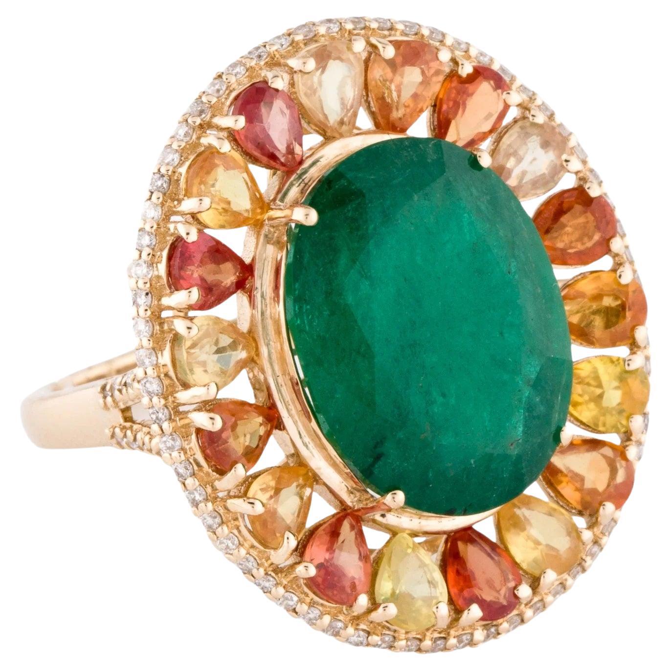 14K Yellow Gold Emerald, Orange & Yellow Sapphire, Diamond Cocktail Ring, Size 7