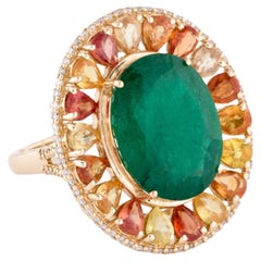 14K Yellow Gold Emerald, Orange & Yellow Sapphire, Diamond Cocktail Ring, Size 7