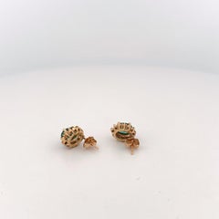 14K Yellow Gold Emerald Oval Stud Earrings with Diamond Halo
