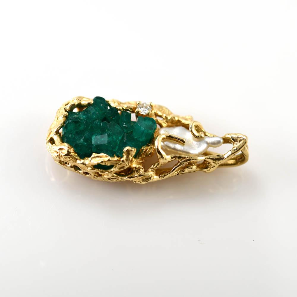 Natural emerald crystal pendant with diamond and baroque pearl in 14k yellow gold. 
Stamped 14k and weighs 6.9 grams gross weight.
The clump of Chatham emerald crystals measures 14mm by 10mm. 
The diamond is a .04 carat round brilliant cut, G color,