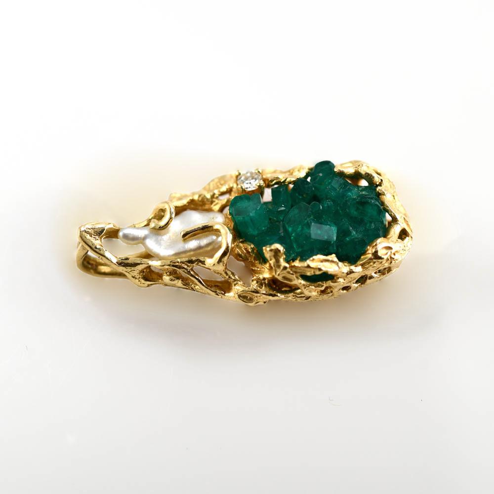 Uncut 14K Yellow Gold Emerald Pendant 6.9g