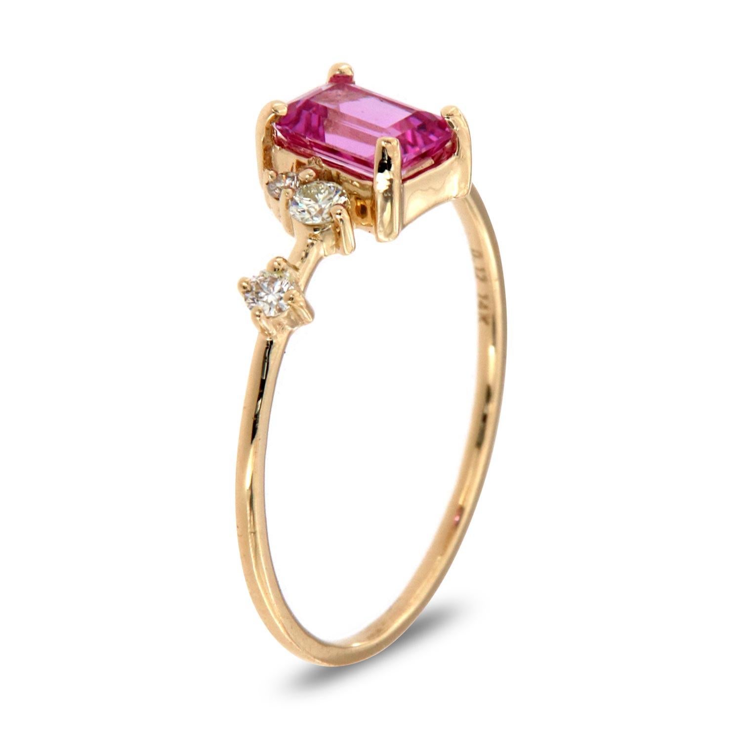 This petite organic designed ring is impressive in its vintage appeal, featuring a natural pink emerald shape sapphire, accented with scattered round brilliant diamonds. Experience the difference in person!

Product details: 

Center Gemstone Type: