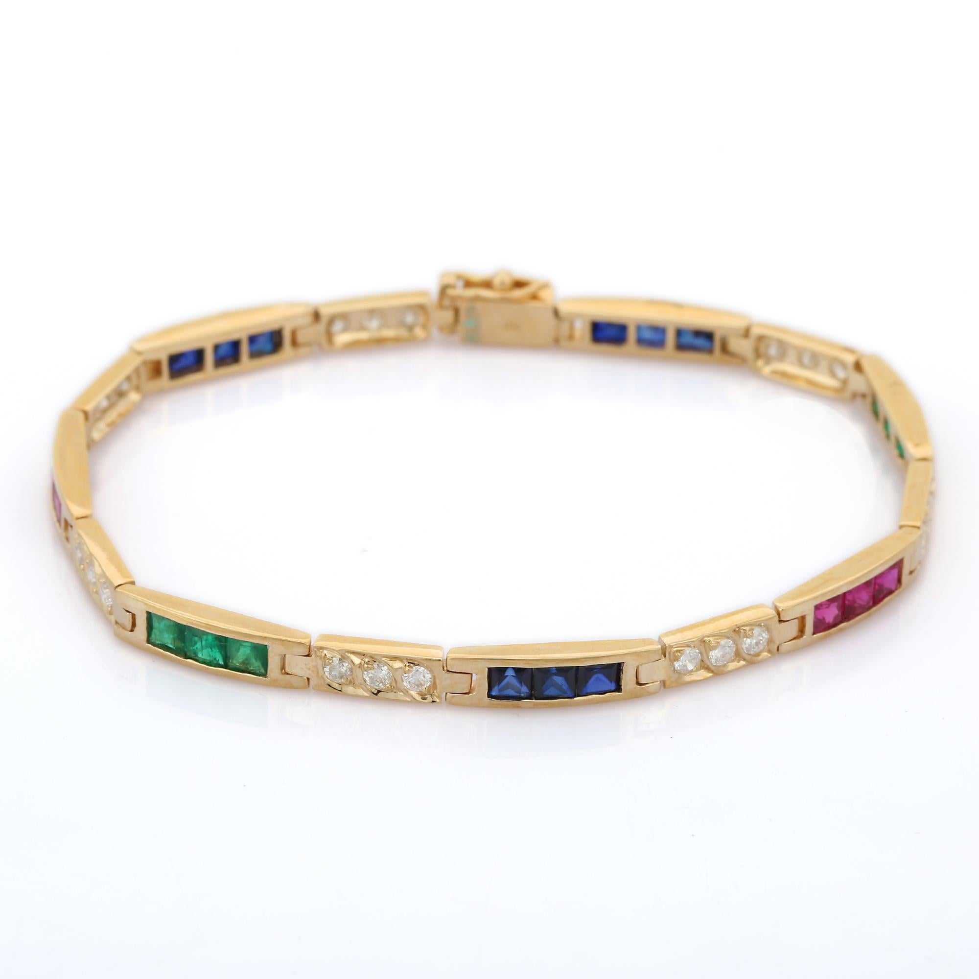 Square Cut 14K Yellow Gold Emerald, Ruby and Blue Sapphire Diamond Tennis Bracelet For Sale