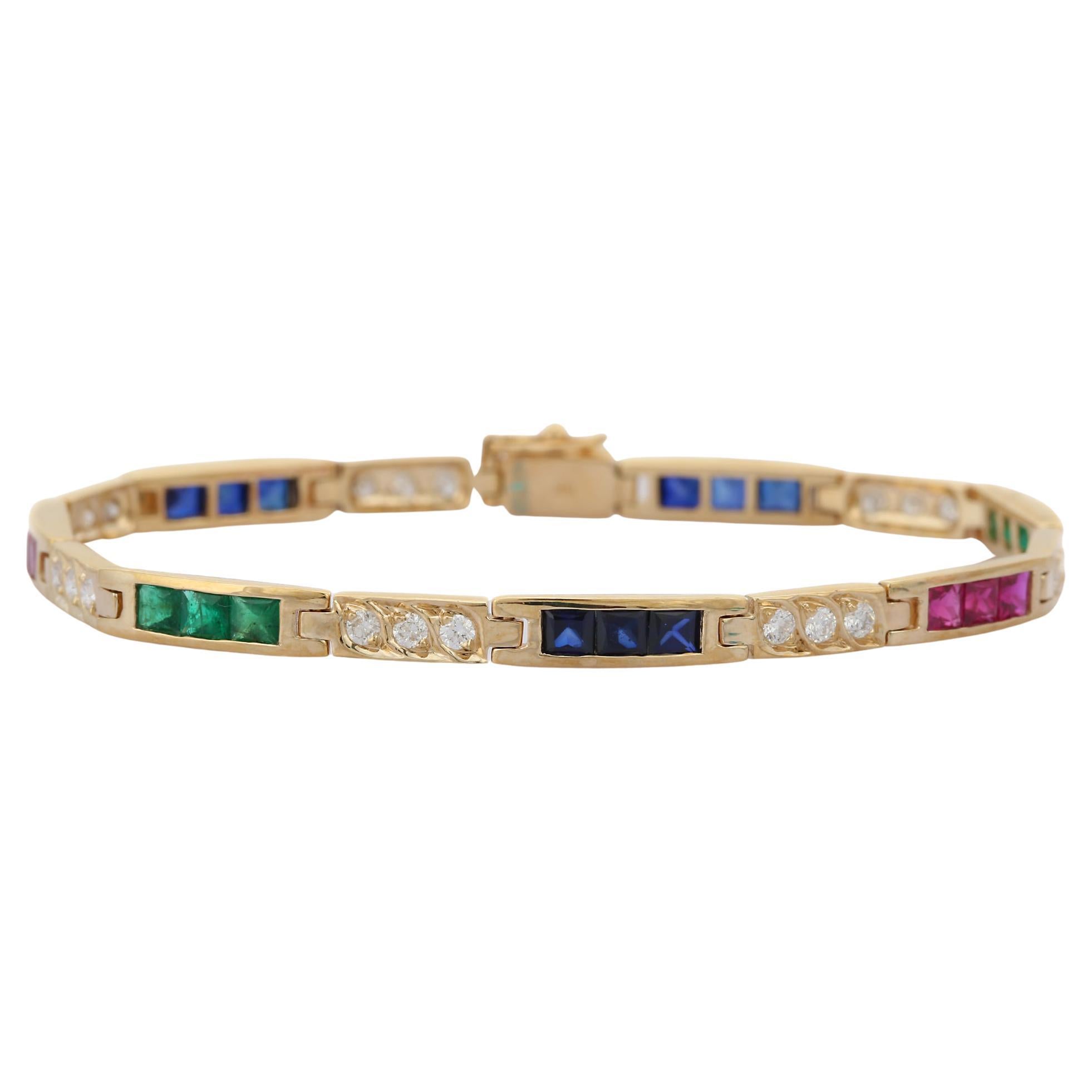Bracciale tennis in oro giallo 14K con smeraldo, rubino e zaffiro blu e diamanti in vendita