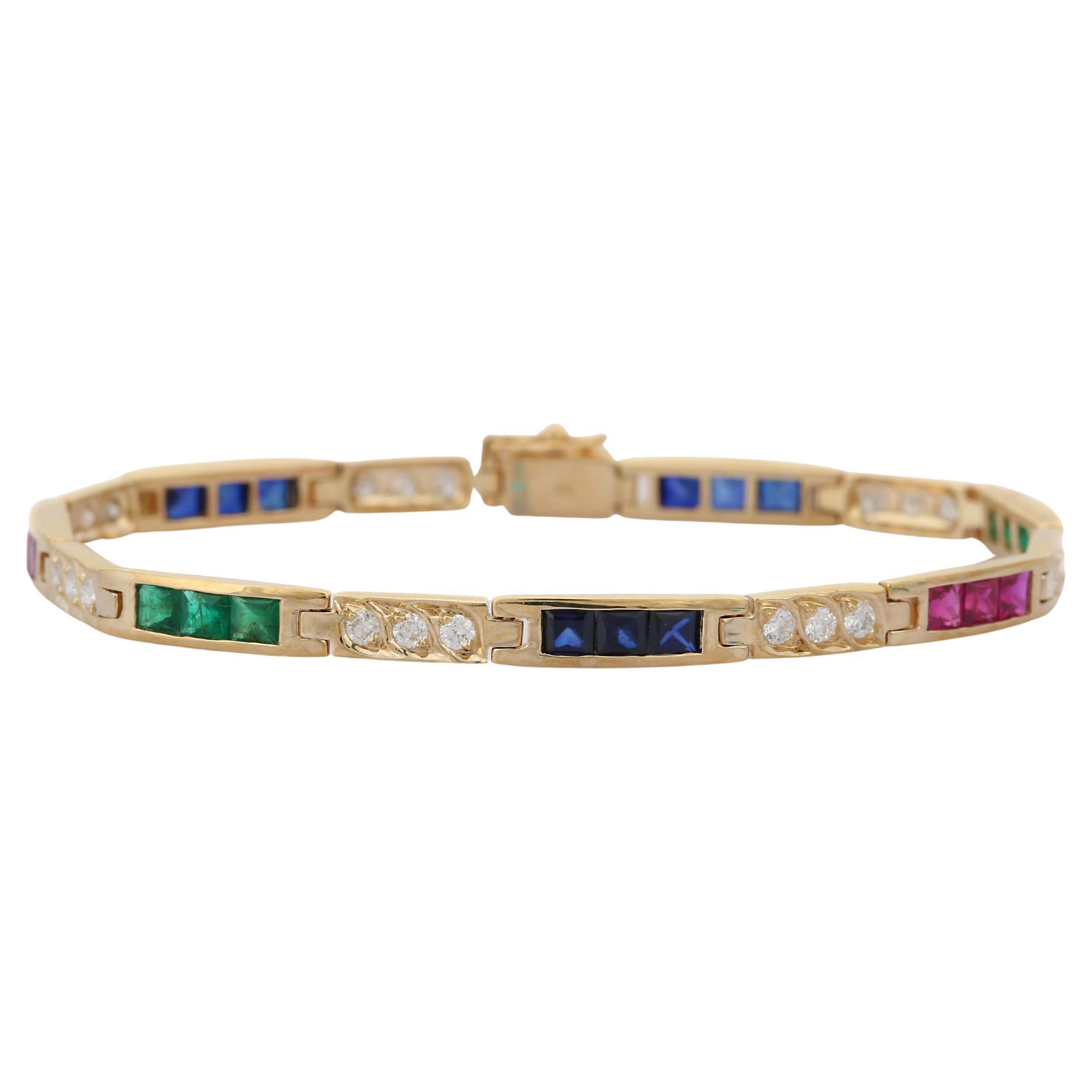 Bracelet tennis en or jaune 14 carats avec émeraudes, rubis et saphirs bleus et diamants en vente