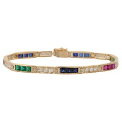 14K Yellow Gold Emerald, Ruby and Blue Sapphire Diamond Tennis Bracelet