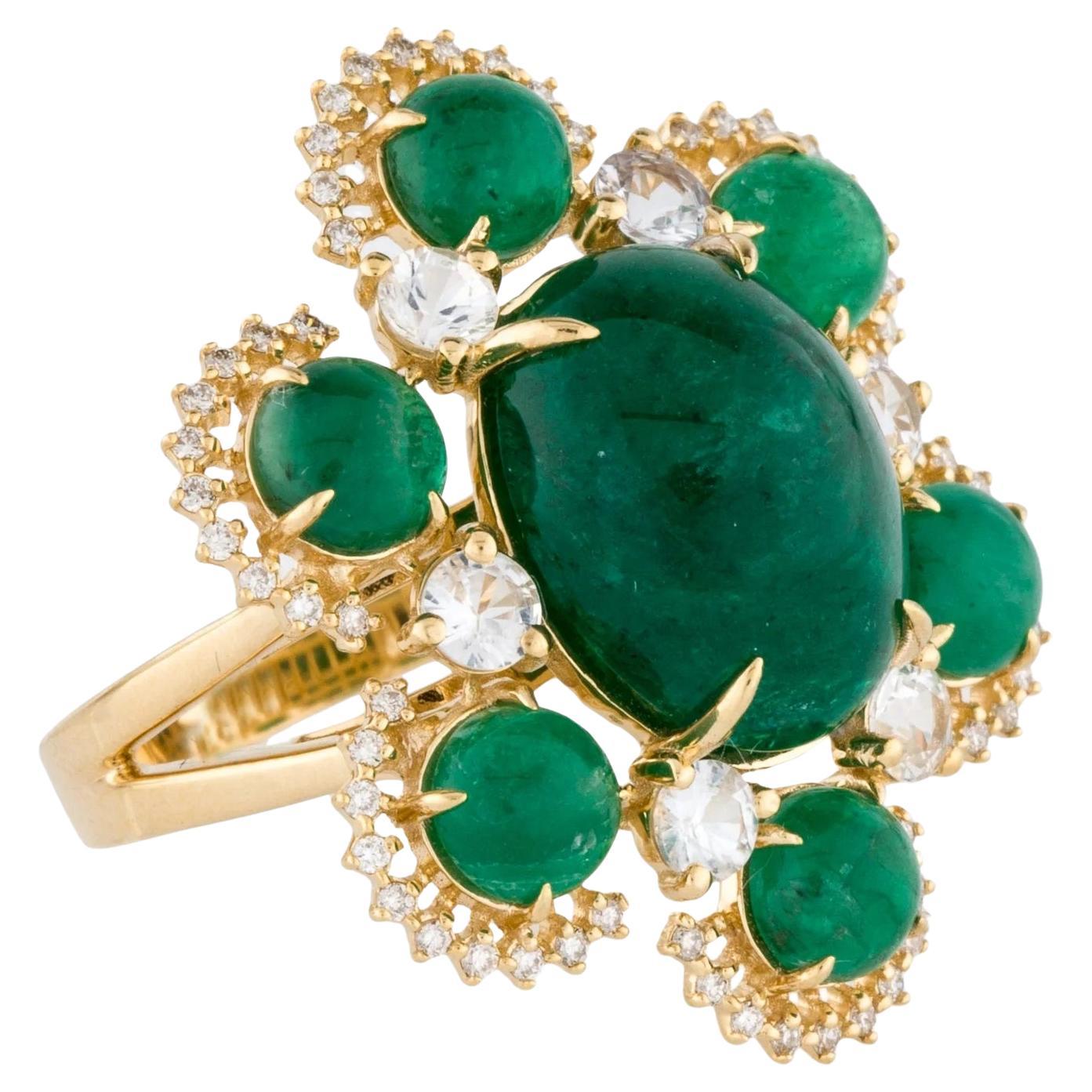 14K Yellow Gold Emerald, Sapphire & Diamond Cocktail Ring Featuring 3.12 Carat For Sale