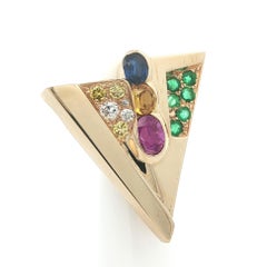 14k Yellow Gold Emerald Sapphire Diamond Modernist Triangle Enhancer Pendant