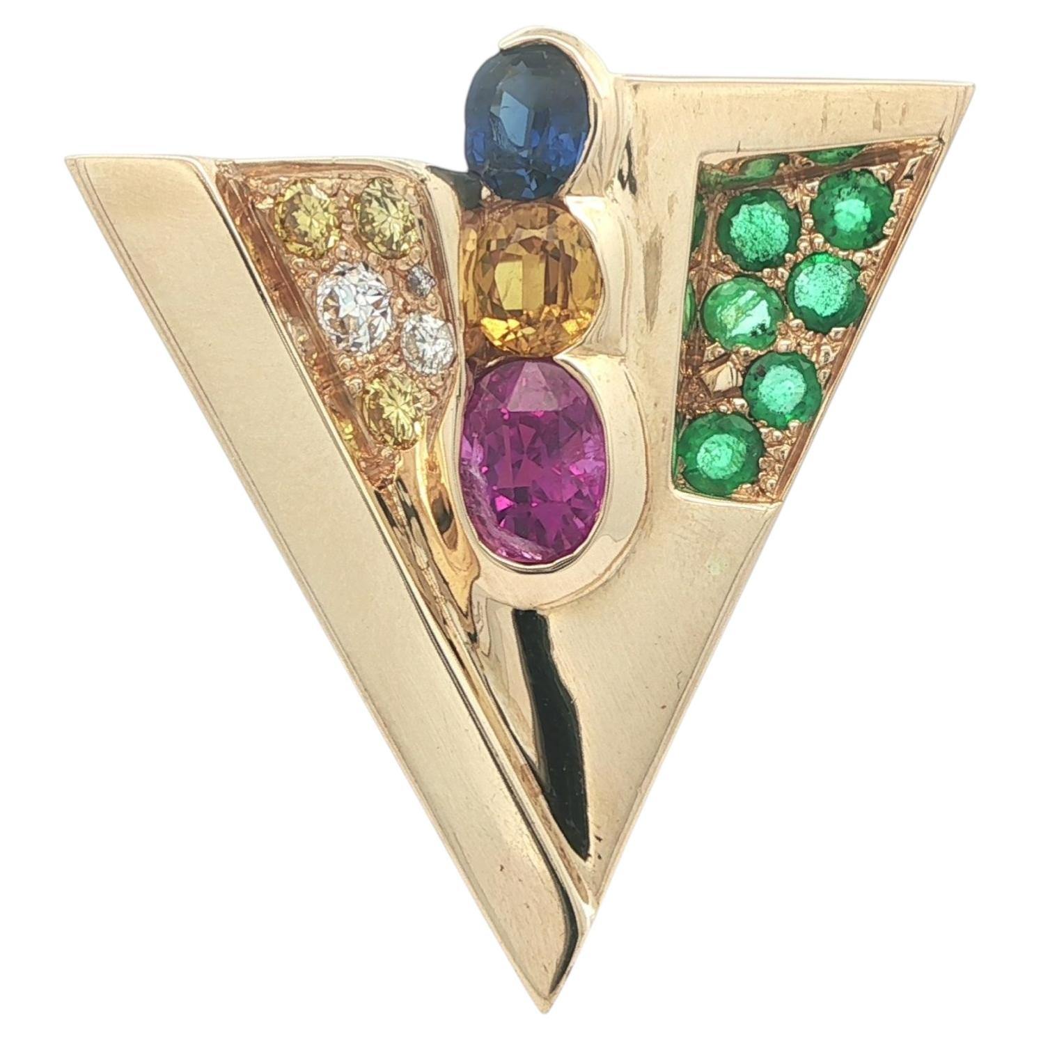 14k Yellow Gold Emerald Sapphire Diamond Modernist Triangle Enhancer Pendant For Sale