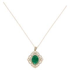 14K Yellow Gold Emerald, Sapphire & Diamond Pendant Necklace, Round Brilliant
