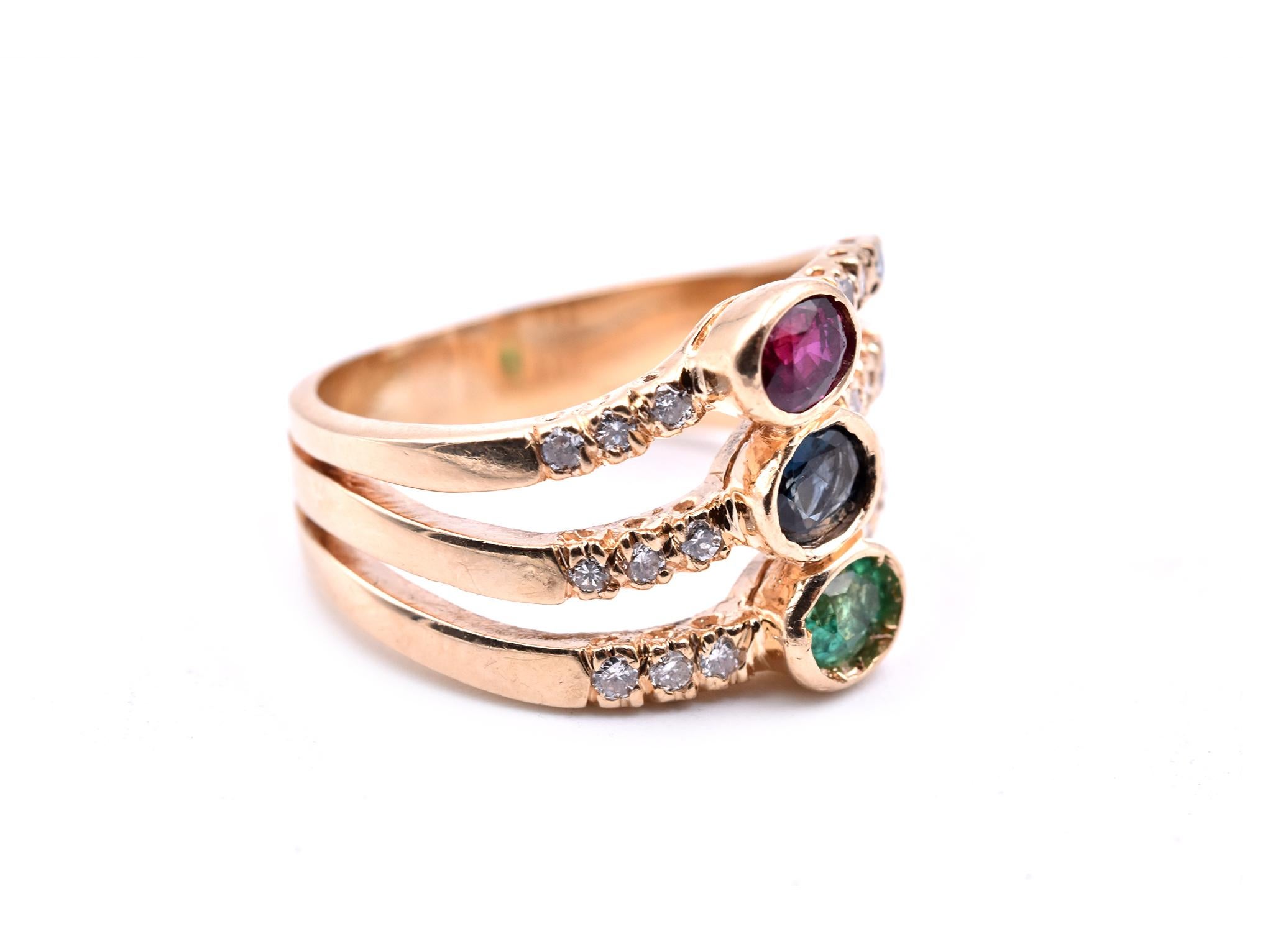 Designer: custom design
Material: 14k yellow gold
Ruby: oval cut = .25cttw
Sapphire: oval cut = .25ttw
Emerald: oval cut= .25cttw
Diamonds: 18 round brilliant cut = .30cttw
Color: G
Clarity: VS
Ring size: 6 (please allow two additional shipping days