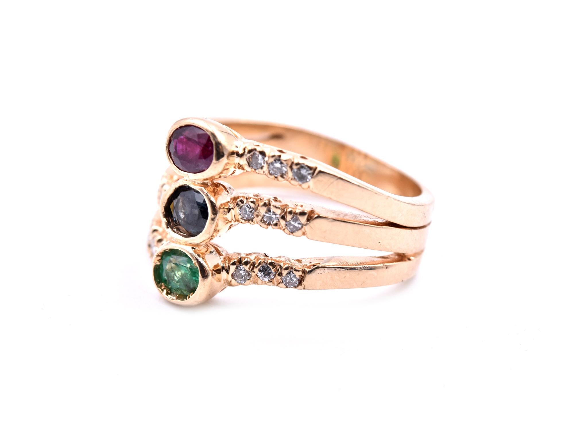 Oval Cut 14 Karat Yellow Gold Emerald, Sapphire, Ruby and Diamond Ring For Sale