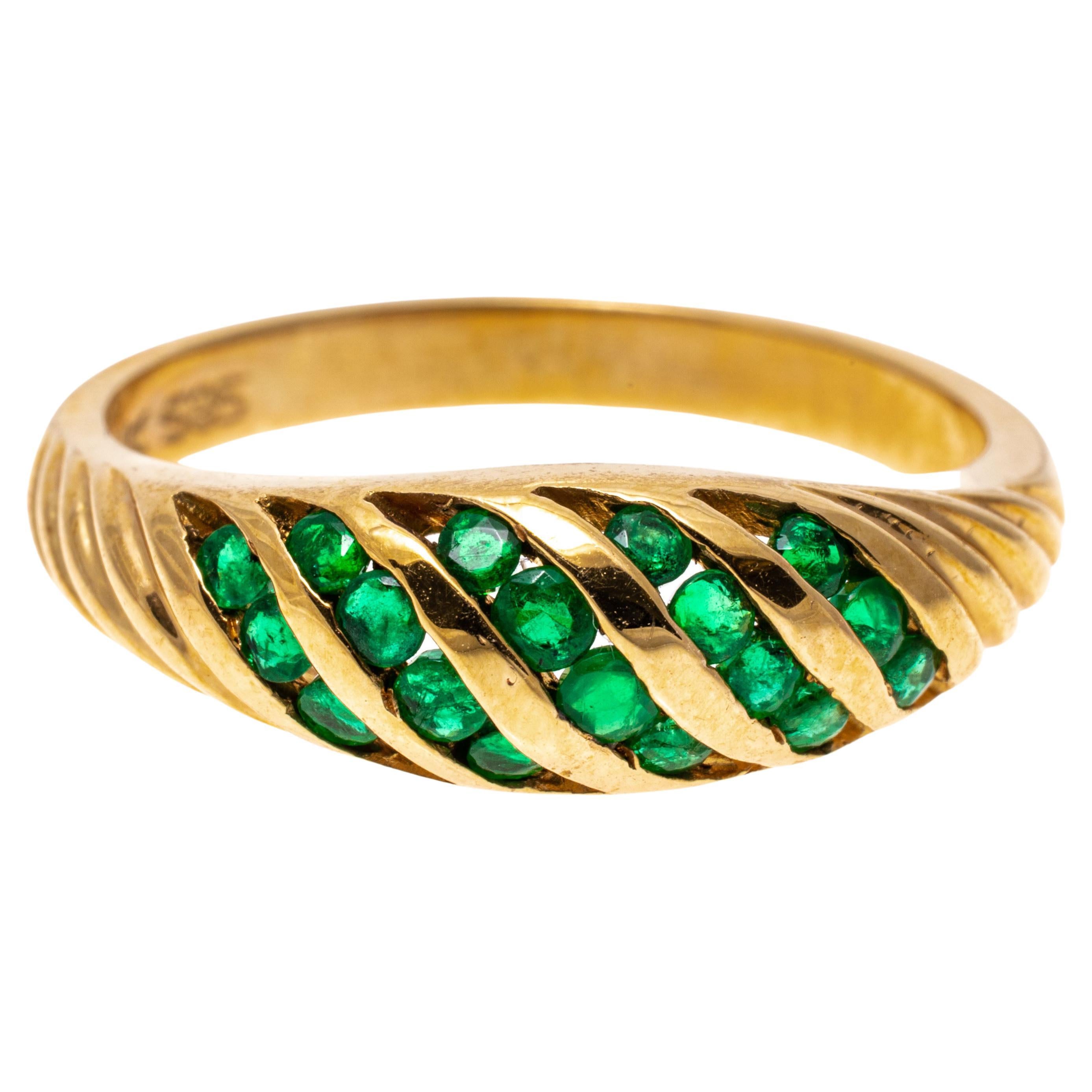 14k Yellow Gold Emerald Set Ribbed Dome Ring, App. 0.40 Tcw For Sale