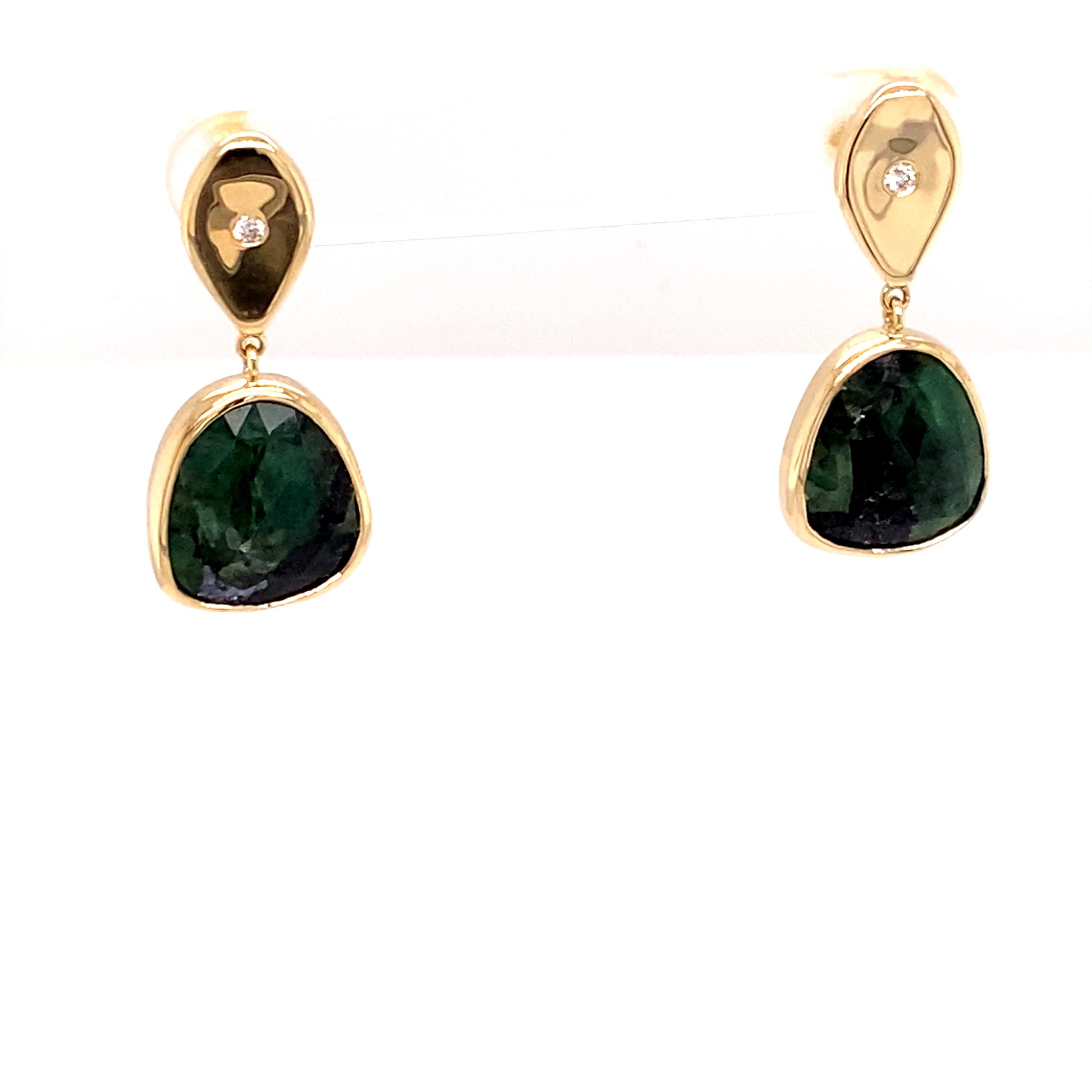 Women's One of a Kind 14k Yellow Gold Diamond Teardrop Emerald Slice Earrings For Sale