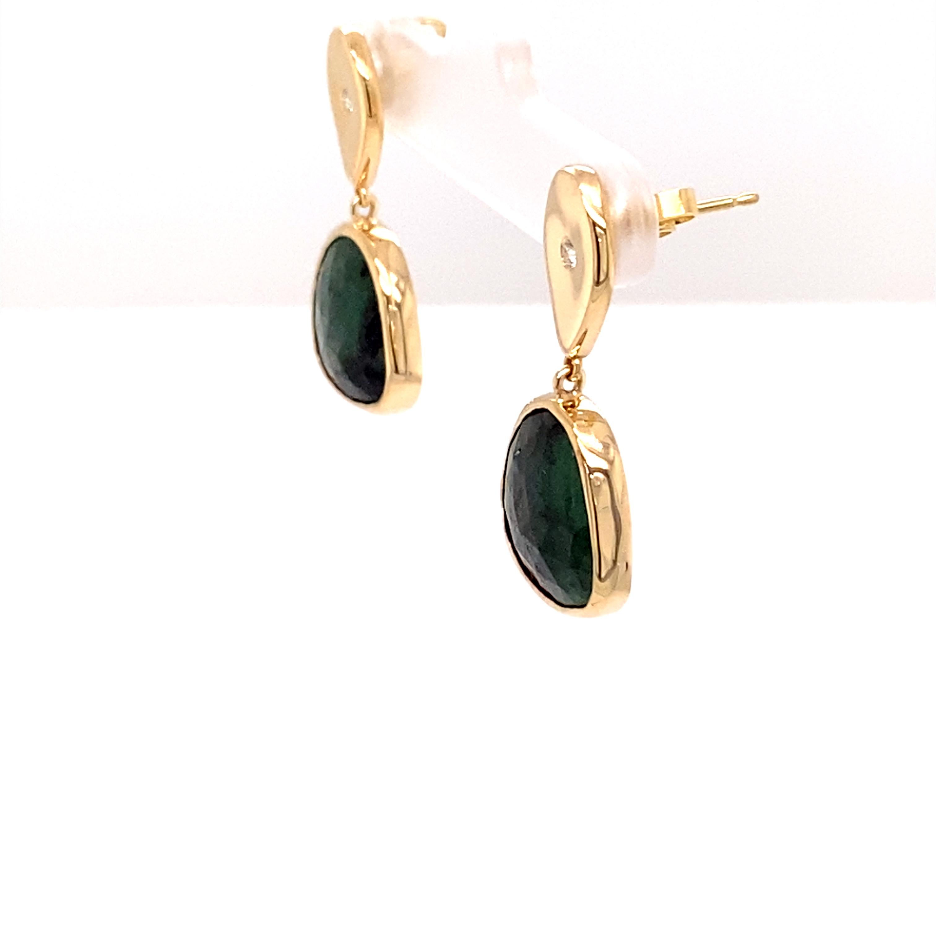 One of a Kind 14k Yellow Gold Diamond Teardrop Emerald Slice Earrings For Sale 3
