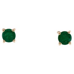 14K Yellow Gold Emerald Stud Earrings, 0.44 Carat Round Brilliant Cut