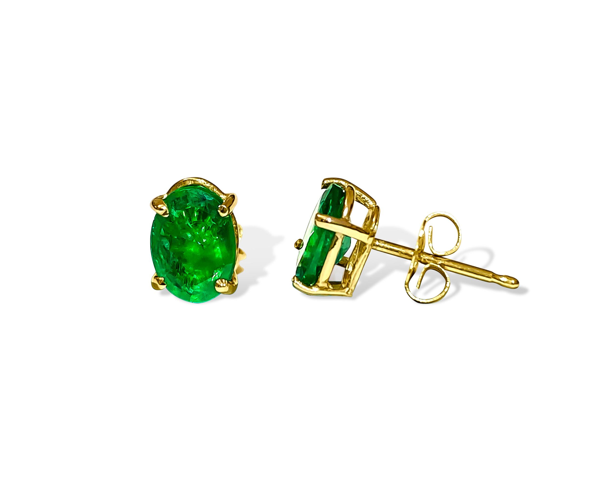 Oval Cut 14K Yellow Gold & Emerald Studs For Her For Sale