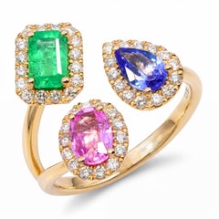 14k Yellow Gold Emerald Tanzanite and Sapphire Diamond Three Stone Bypass Ring