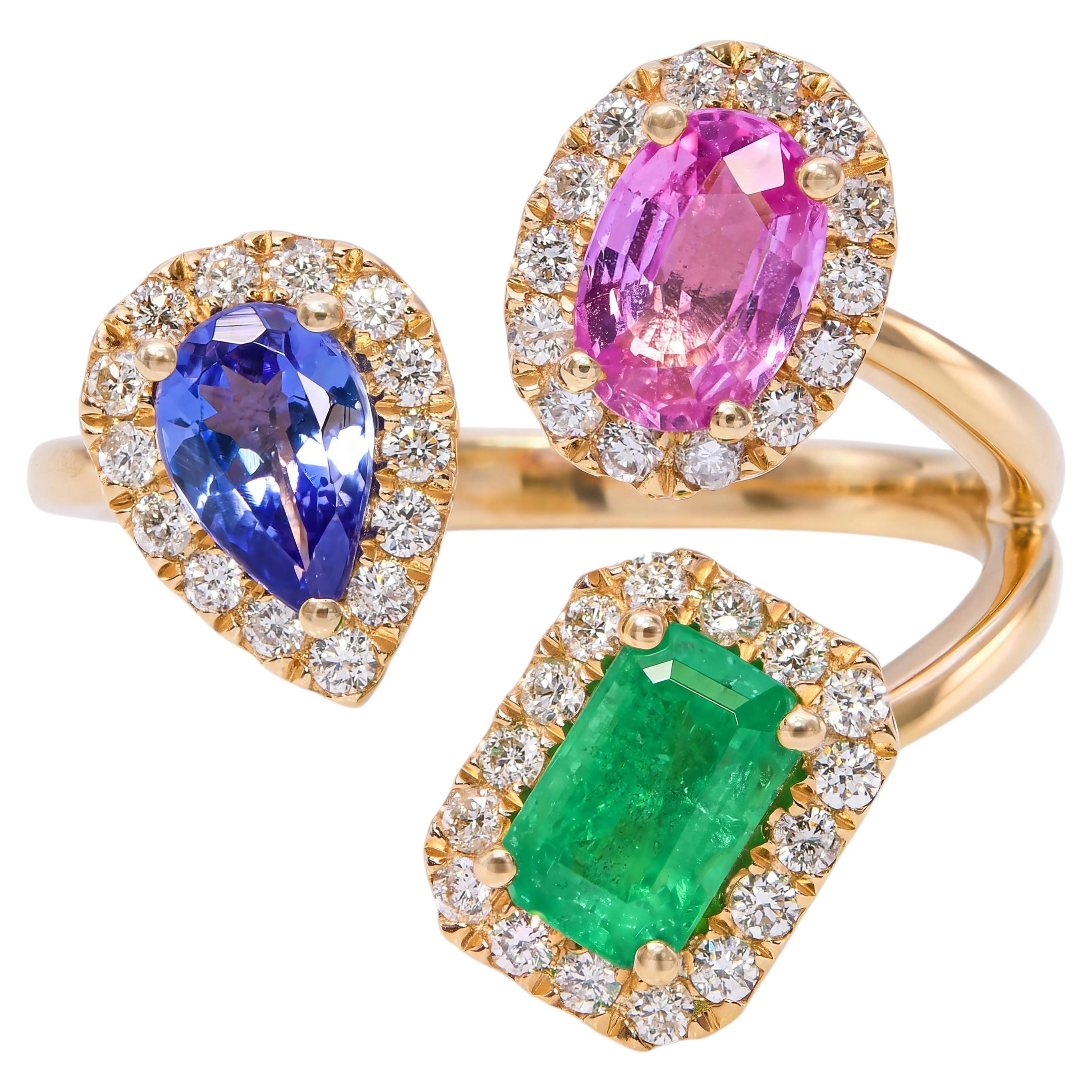14k Yellow Gold Emerald Tanzanite and Sapphire Diamond Three Stone Bypass Ring For Sale