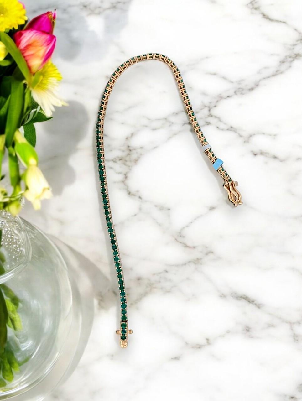 Artisan Laurel  14K Yellow Gold Emerald Tennis Bracelet  2.5 CT Natural Round Emeralds For Sale