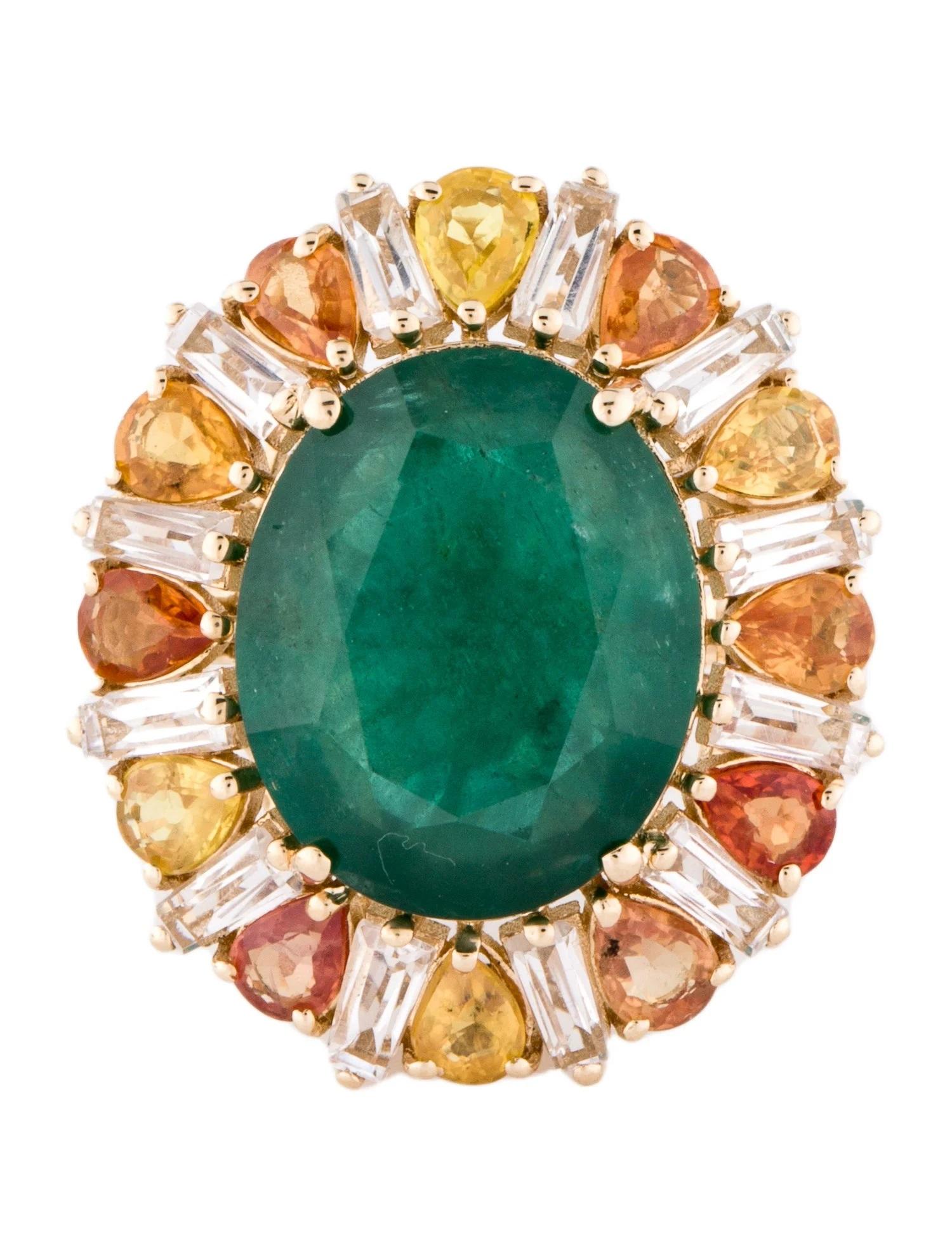 Artist 14K Yellow Gold Emerald, Topaz & Sapphire Cocktail Ring, Size 7, Baguette Topaz For Sale
