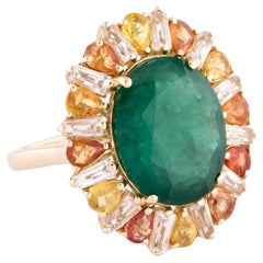 Anello da cocktail in oro giallo 14K con smeraldo, topazio e zaffiro, misura 7, topazio baguette
