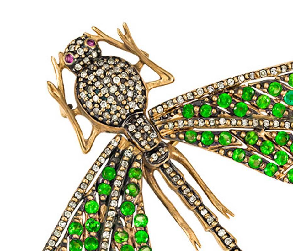 Late Victorian 14 Karat Yellow Gold Emerald, Diamonds, Rubies and Citrine Dragonfly Brooch For Sale