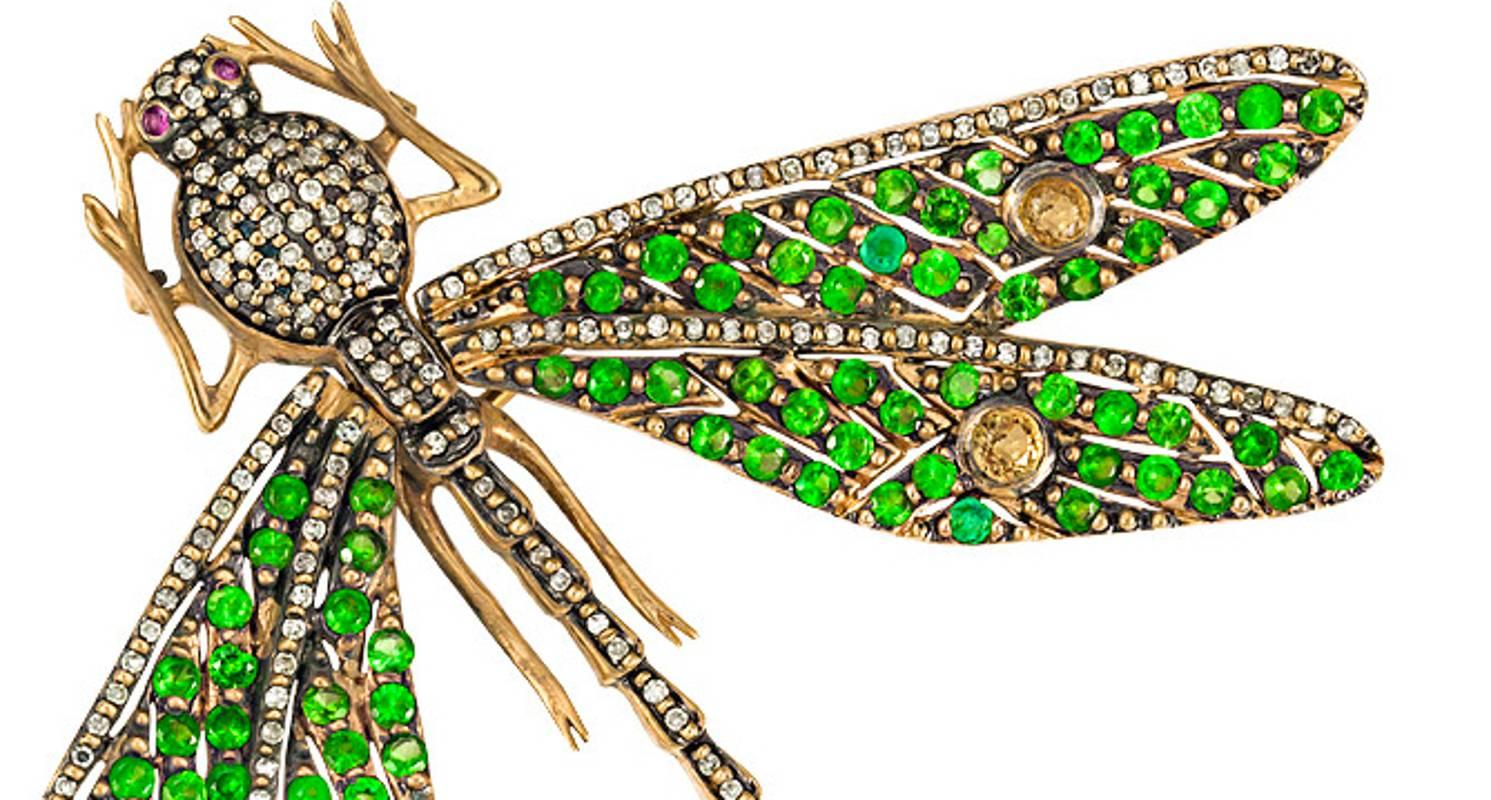Round Cut 14 Karat Yellow Gold Emerald, Diamonds, Rubies and Citrine Dragonfly Brooch For Sale