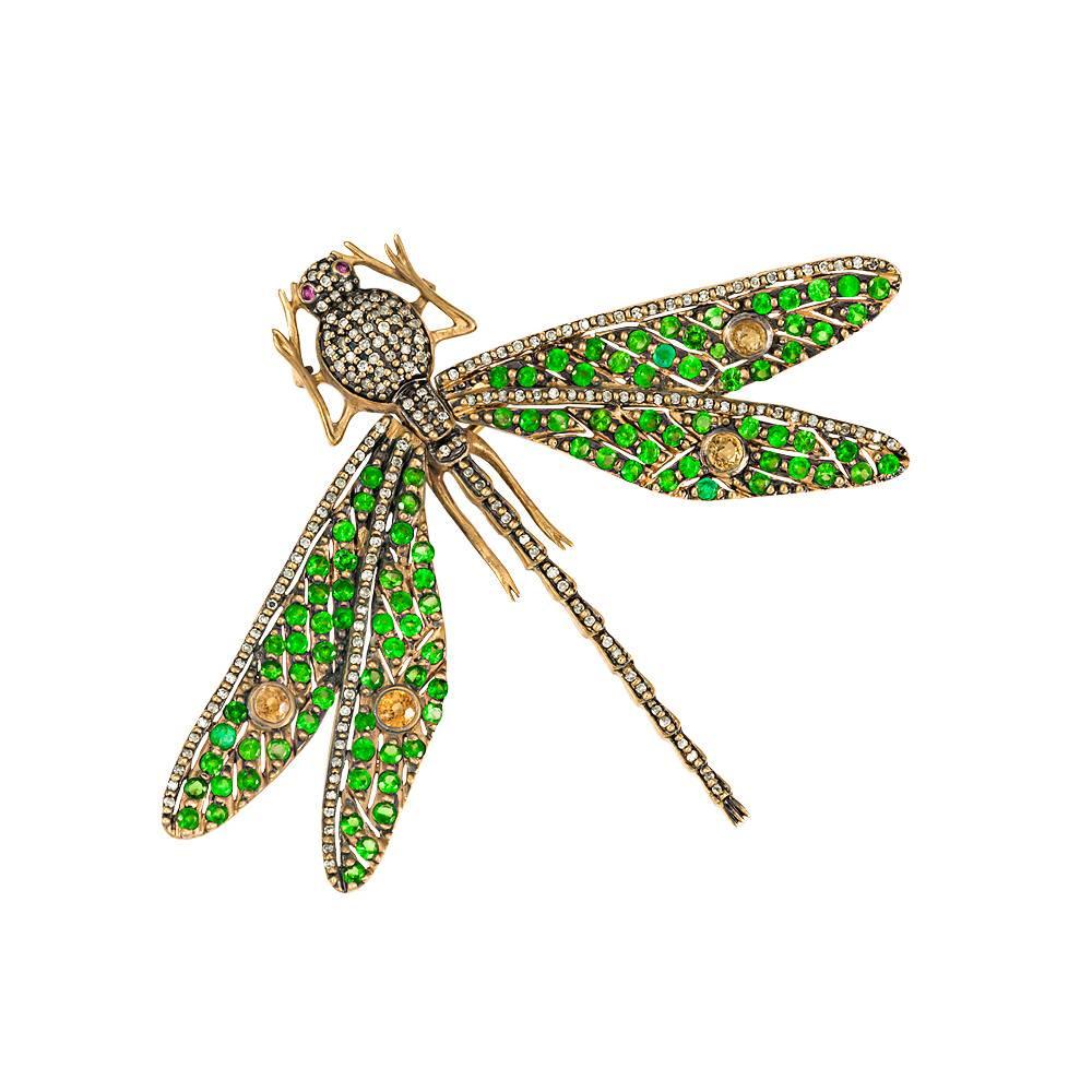 14 Karat Yellow Gold Emerald, Diamonds, Rubies and Citrine Dragonfly Brooch For Sale