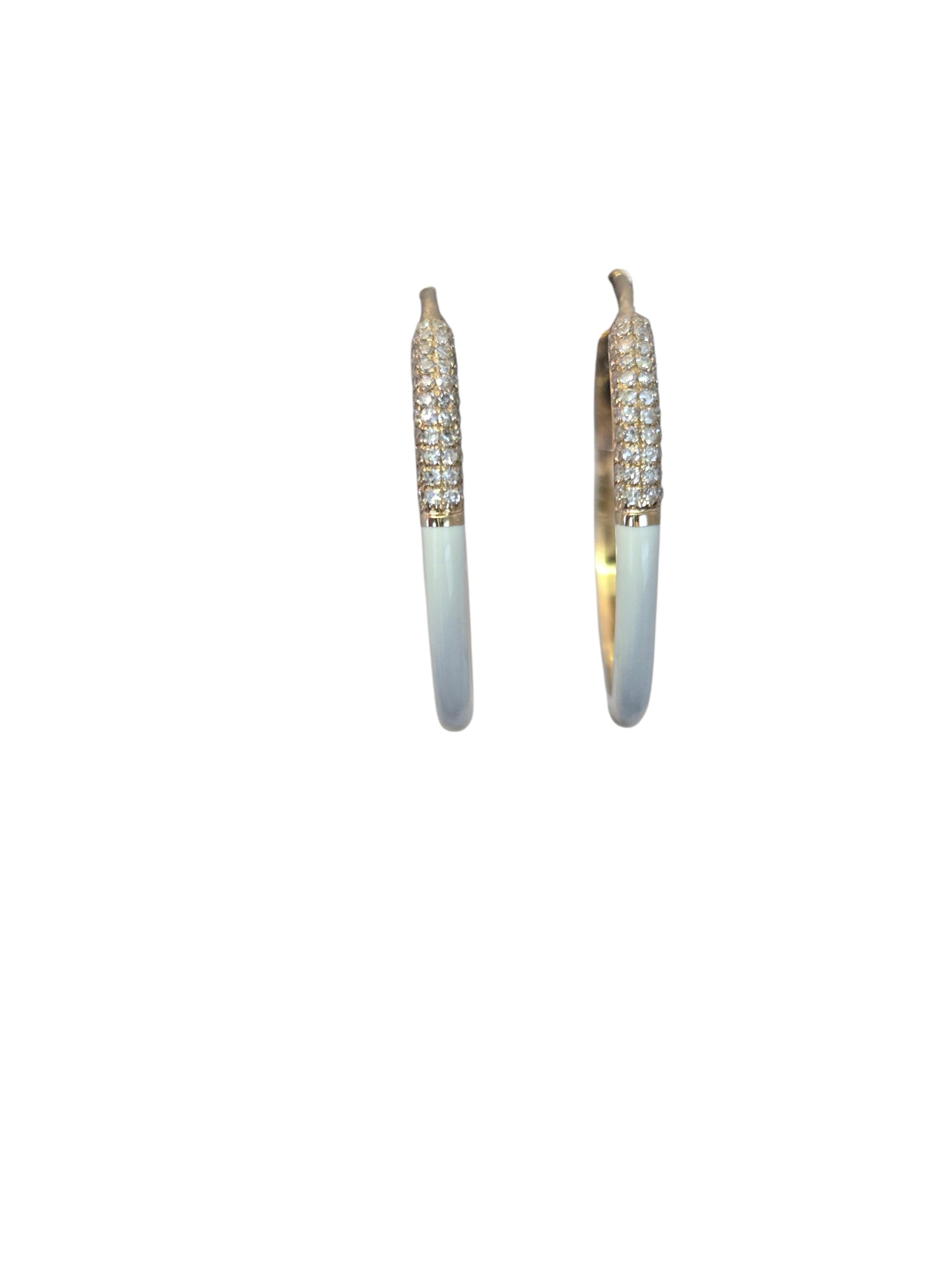 14K Yellow Gold Enamel and Diamond Hoop Earrings #24153 For Sale