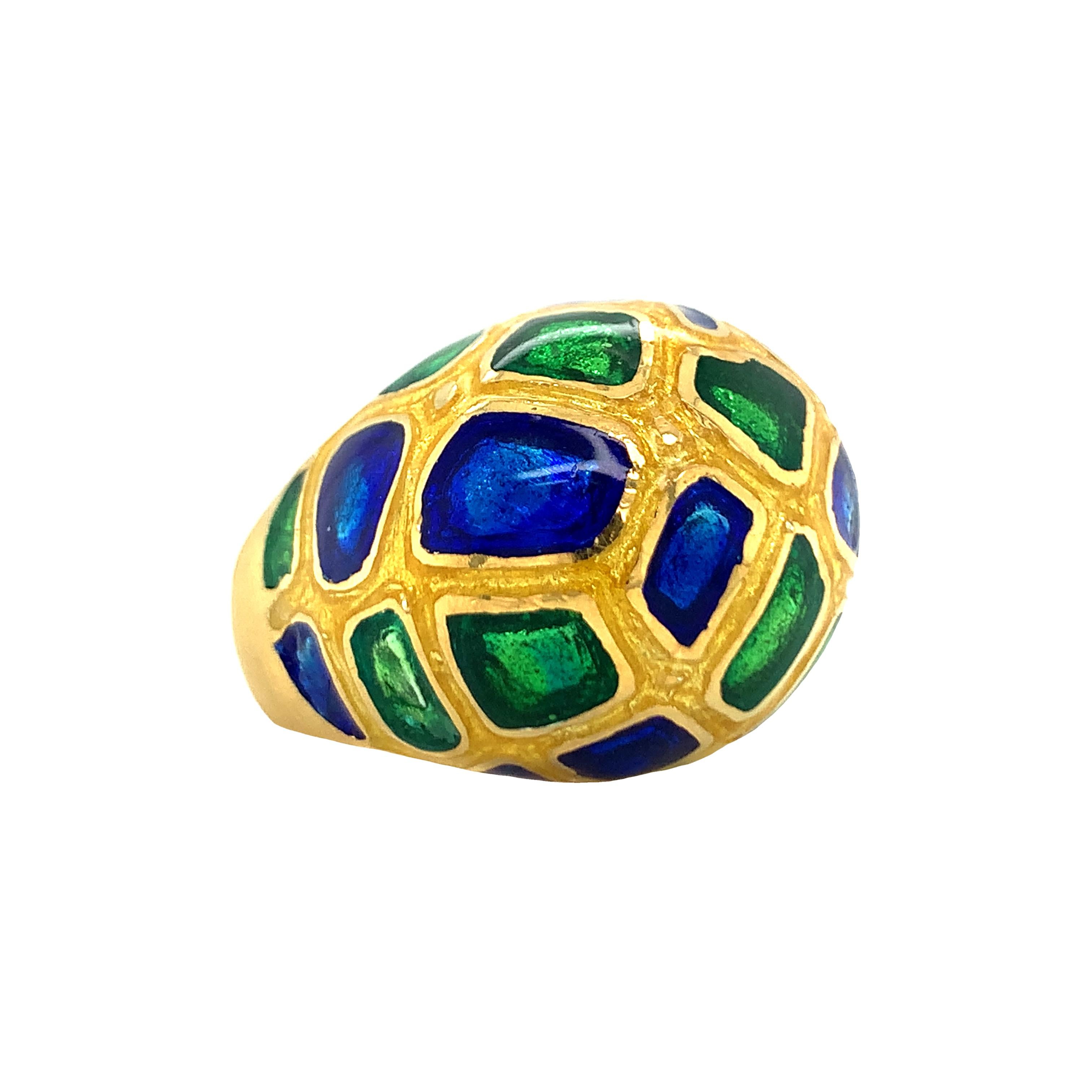 14K yellow gold blue, green, yellow enamel dome ring with satin finish gold work throughout. Measures 23 x 20 millimeters in size and 12 millimeters high when worn upon finger. Attributed to “Martin” though unstamped and with matching bangle