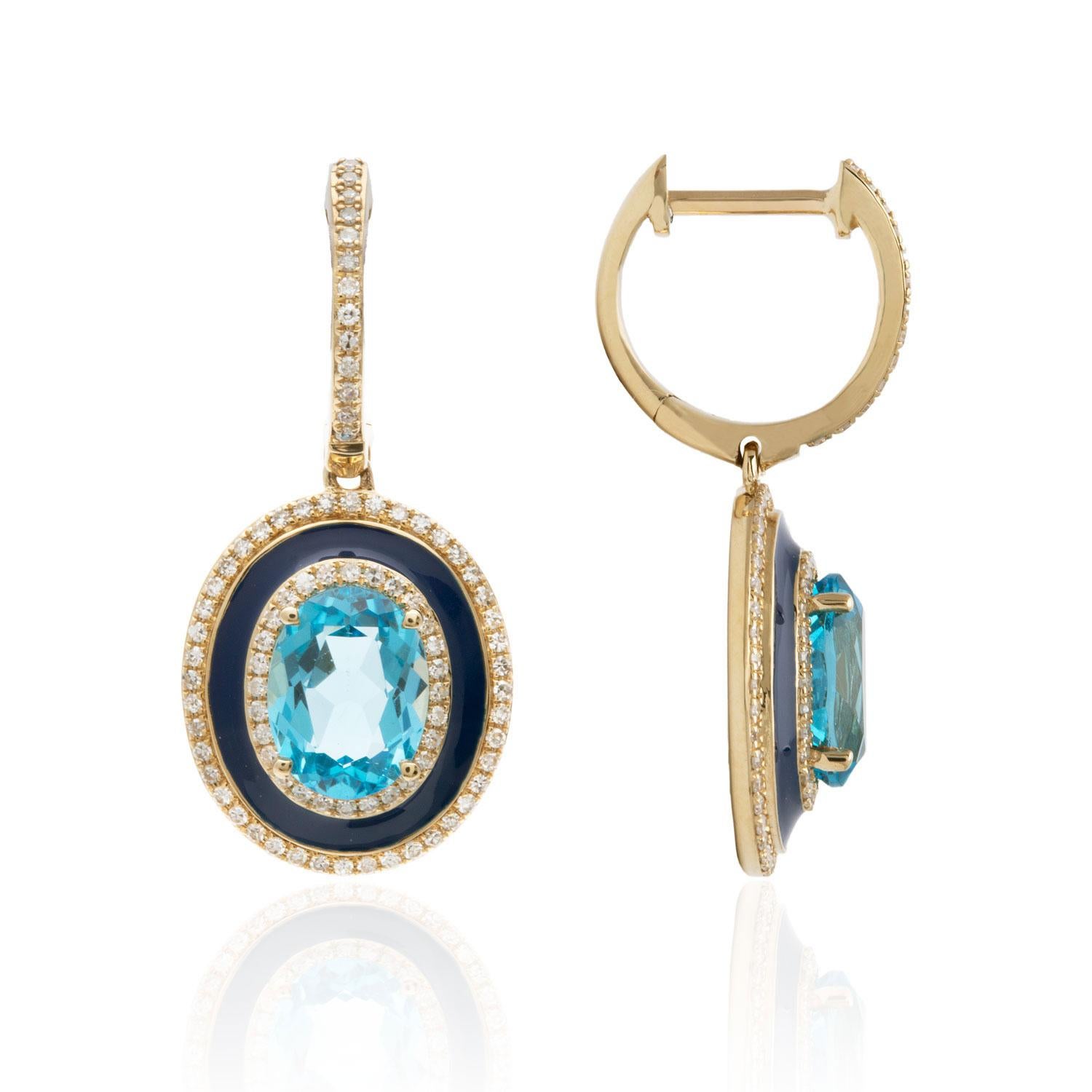 14K Yellow Gold Enamel Earrings featuring 3.03 Carats of Blue Topaz surrounded by 0.38 Carats of Diamonds 

Underline your look with this sharp 14K Yellow gold shape Diamond Earrings. High quality Diamonds. This Earrings will underline your