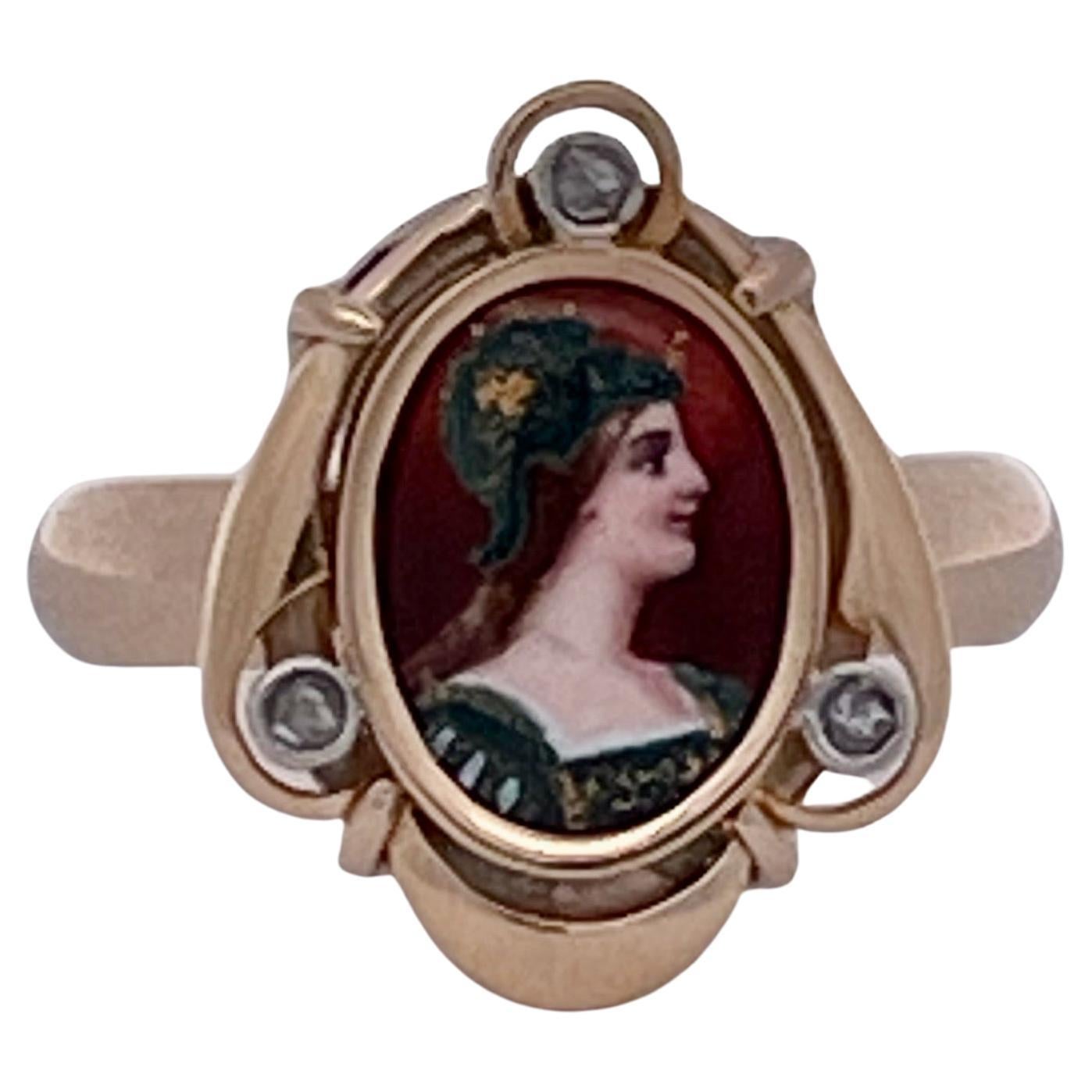 14K Yellow Gold Enamel Face of Athena