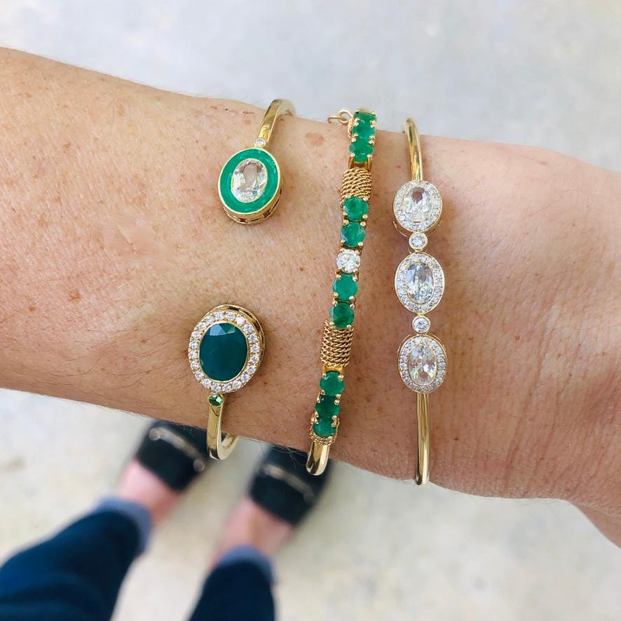 Contemporary 14 Karat Yellow Gold, Enamel, Green Onyx, White Topaz and Diamond Cuff Bracelet