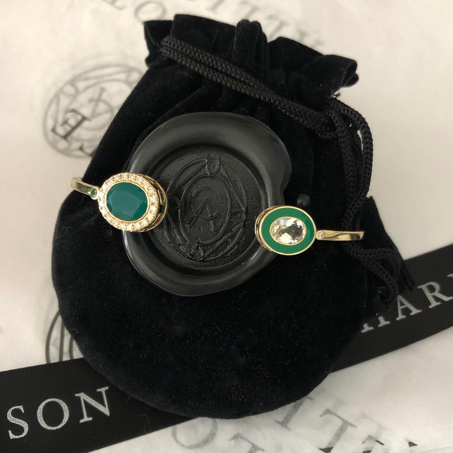 14 Karat Yellow Gold, Enamel, Green Onyx, White Topaz and Diamond Cuff Bracelet In New Condition In Mountain Brook, AL