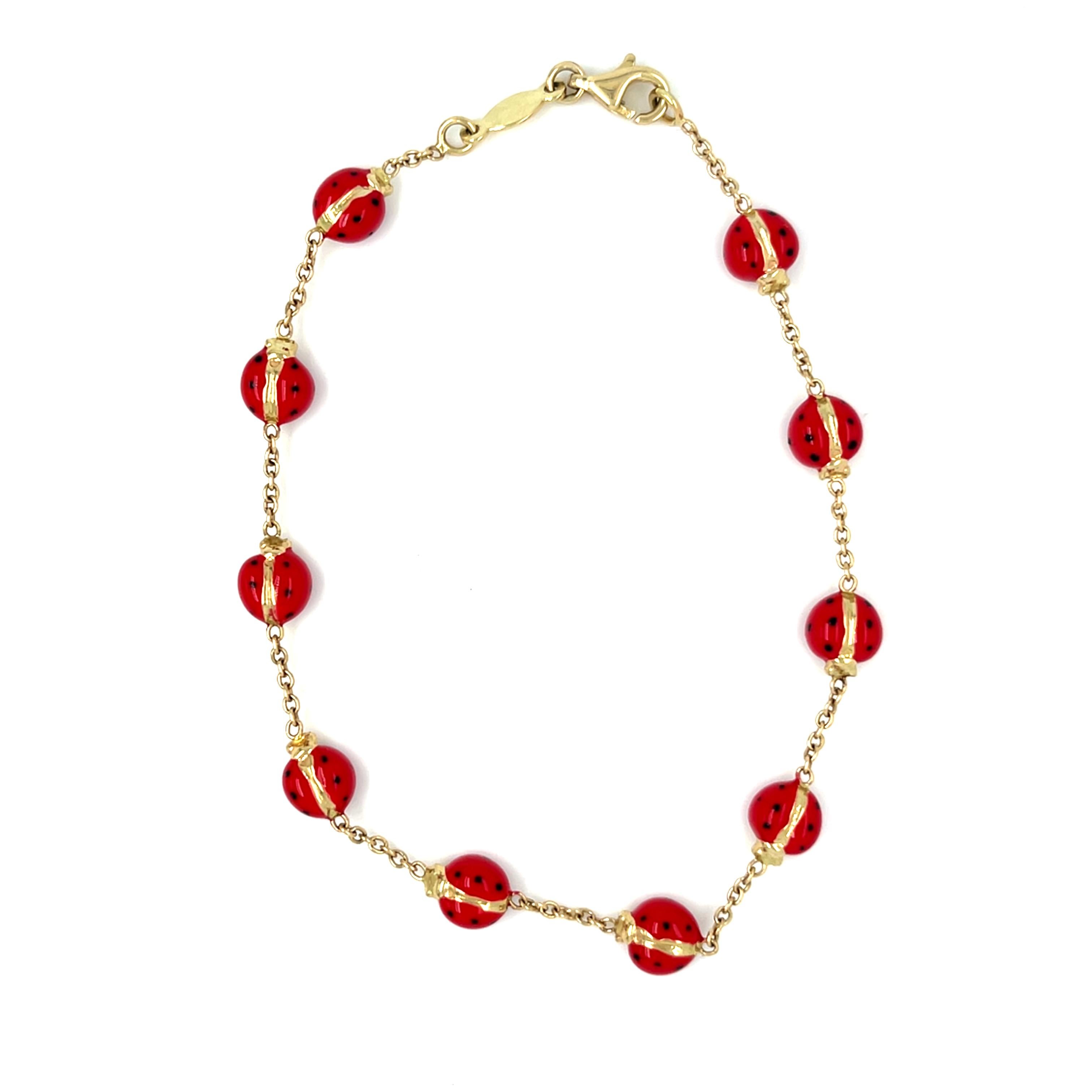14k Yellow Gold Enamel Ladybug Chain Bracelet 8