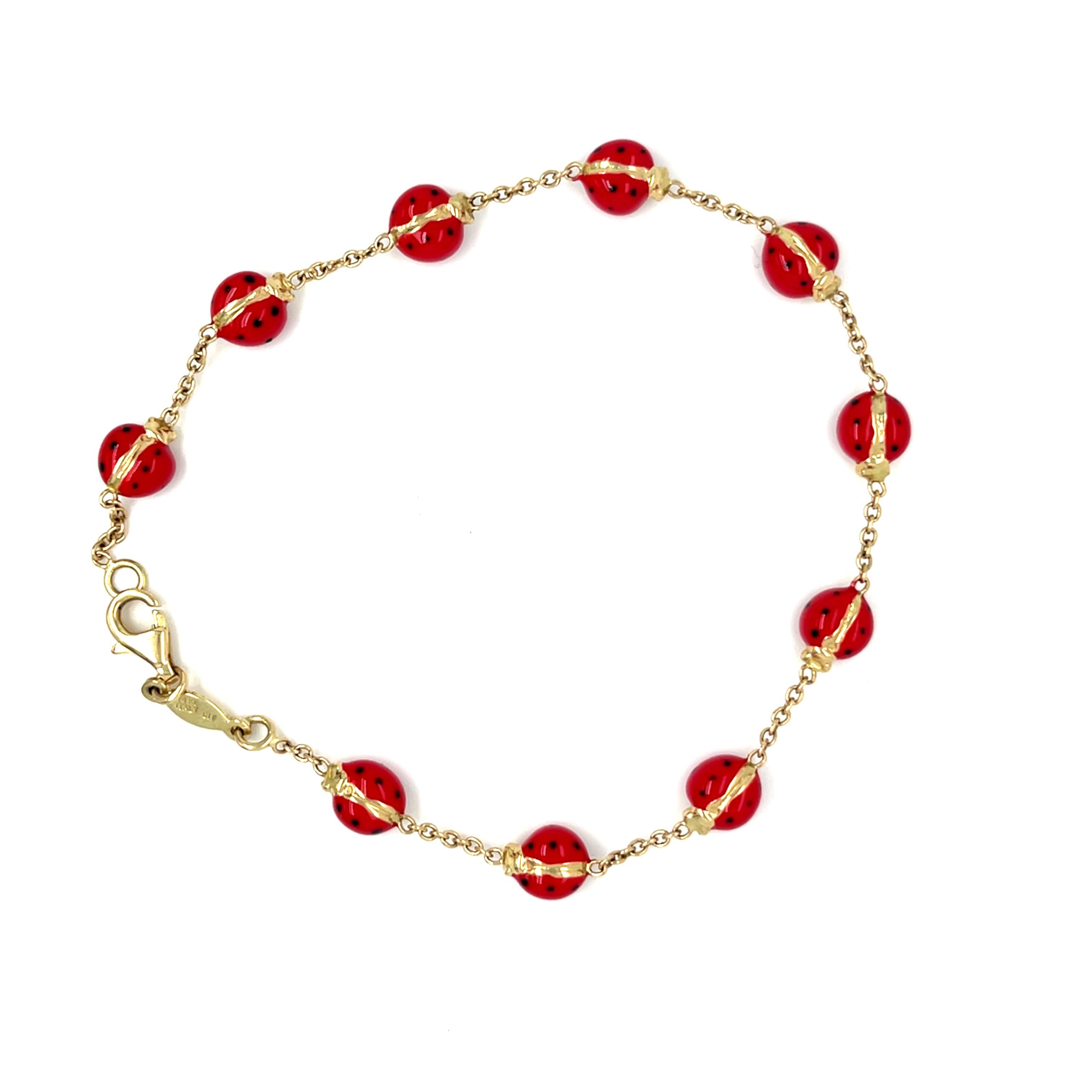14k Yellow Gold Enamel Ladybug Chain Bracelet 8