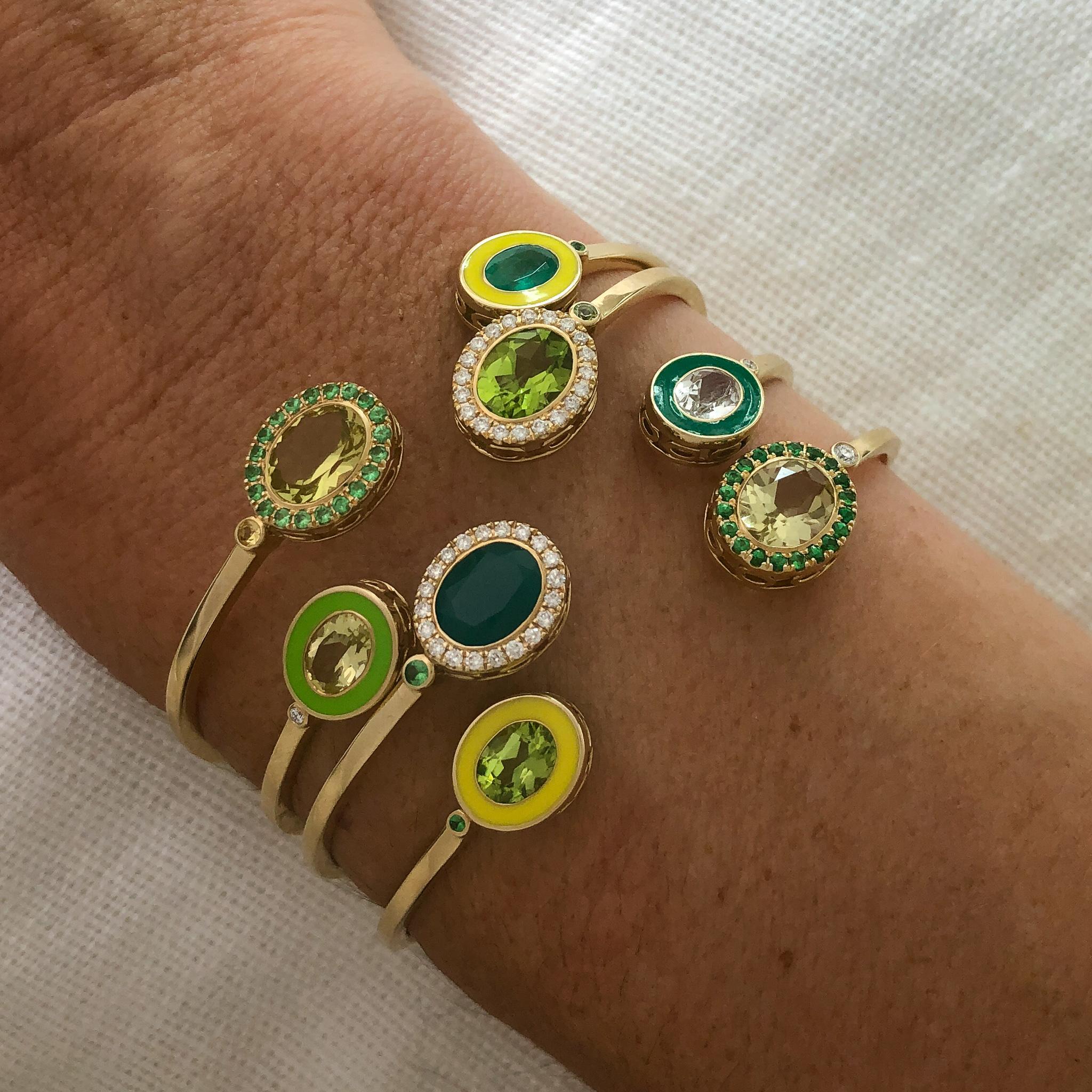 14 Karat Yellow Gold, Enamel, Lemon Citrine and Emerald Cuff Bracelet In New Condition For Sale In Mountain Brook, AL