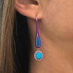 14 Karat Yellow Gold Enamel Turquoise Cabochon and Pink Sapphire Dangle Earrings