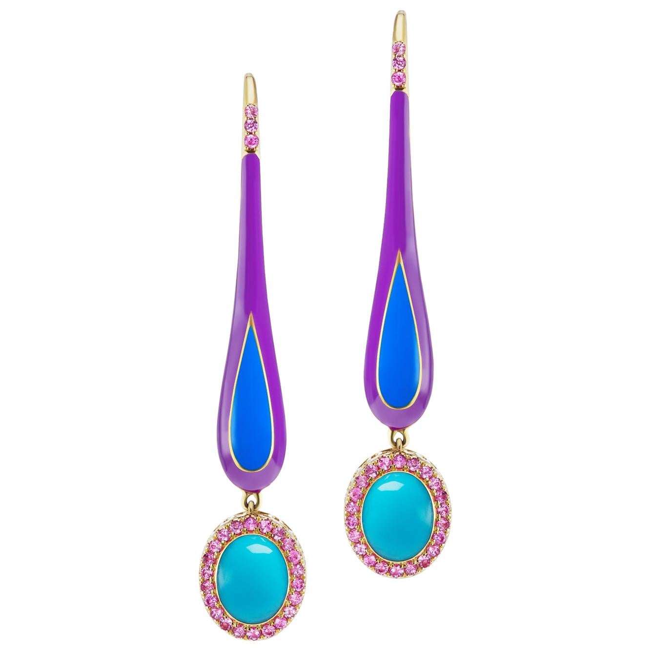 14 Karat Yellow Gold Enamel Turquoise Cabochon and Pink Sapphire Dangle Earrings For Sale