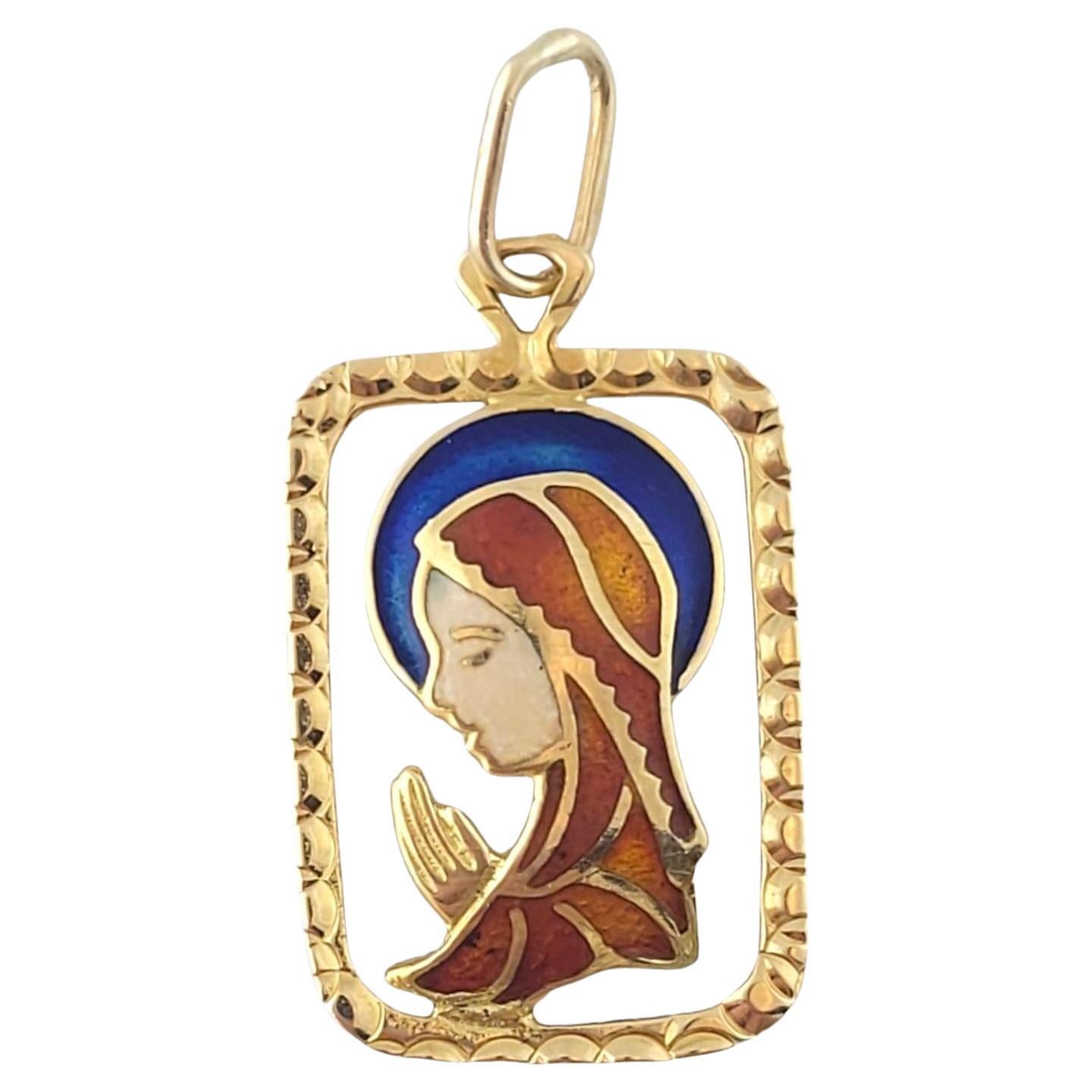 14K Yellow Gold Enamel Virgin Mary Pendant #16377 For Sale