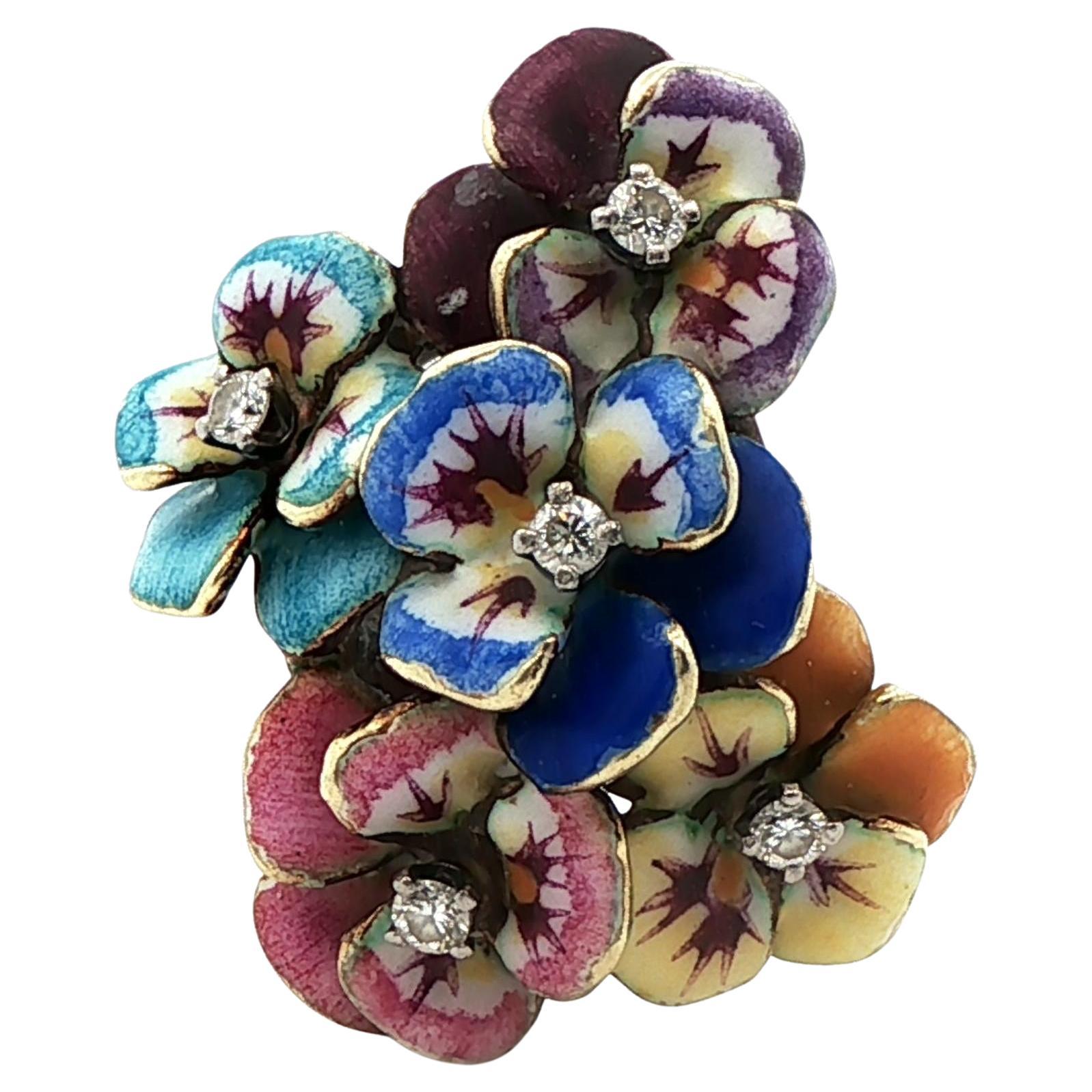 Bague en or jaune 14k Fleur émaillée et diamant en vente