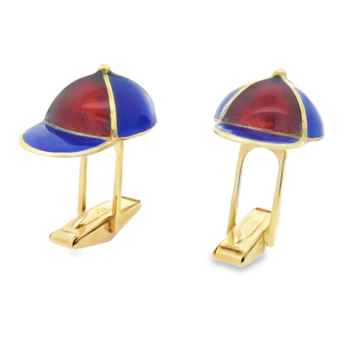 Gemelos de gorra/sombrero de jockey esmaltados en oro amarillo de 14k Moderno en venta