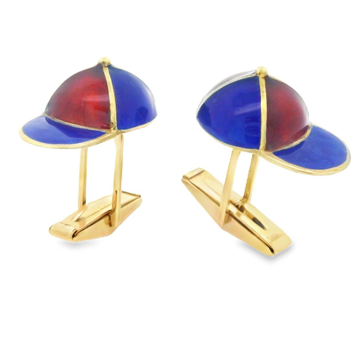 Gemelos de gorra/sombrero de jockey esmaltados en oro amarillo de 14k en venta 2
