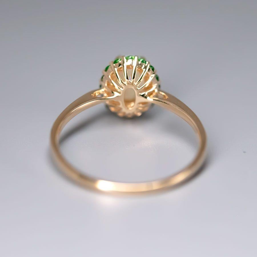 Arts and Crafts 14K Yellow Gold Engagement Ring featuring Australian Opal Halo Tsavorite For Sale