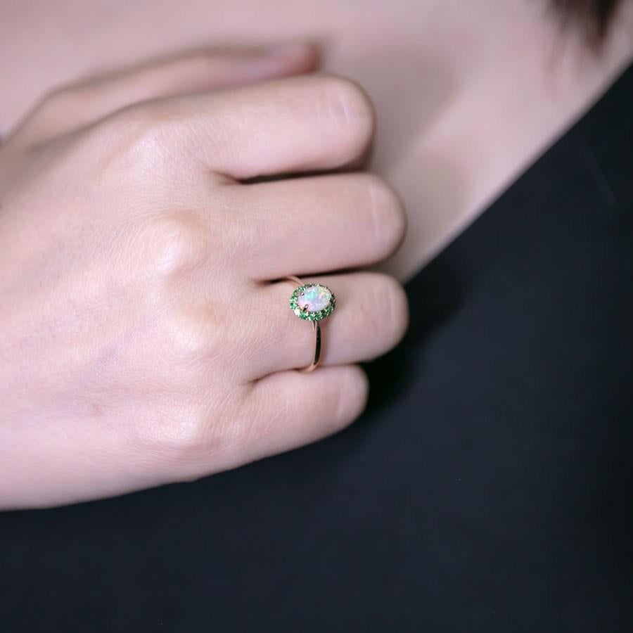Brilliant Cut 14K Yellow Gold Engagement Ring featuring Australian Opal Halo Tsavorite For Sale
