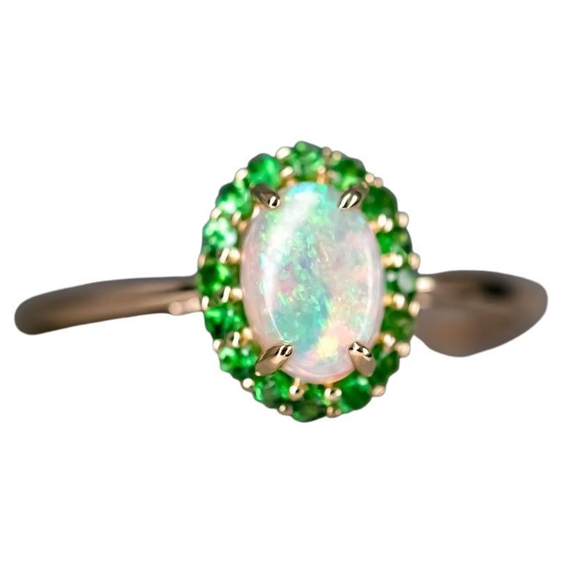 14K Yellow Gold Engagement Ring featuring Australian Opal Halo Tsavorite For Sale